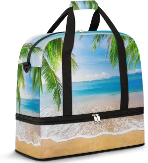 Palm Tropical Ocean Sea Beach Foldable Travel Duffel Bag Tote Carry on Luggage Sport Duffle for Women Men Gym Bag Overnight Weekender Bags with Shoe Compartments and Shoulder Strap