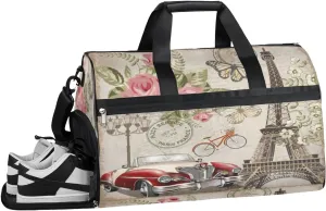 Paris Vintage Pattern Sports Gym Bag for Women and Men Travel Duffel Bag Overnight Shoulder Bag Waterproof Workout Bag Portable Sports Tote with Shoes Compartment