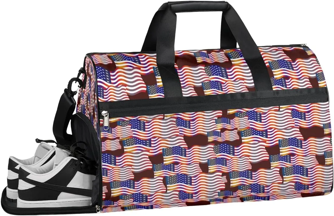 Patriotic Usa Flag Sports Gym Bag for Women and Men Travel Duffel Bag Overnight Shoulder Bag Waterproof Workout Bag Portable Sports Tote with Shoes Compartment