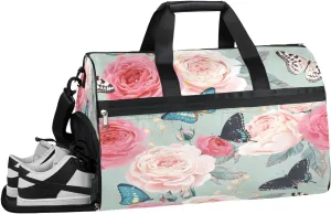Peony Roses Butterfly Resistant Sports Gym Bag for Women Men Travel Duffel bag with Wet Pocket & Shoes Compartment Waterproof Weekender Bag 19.7"x9.9"x13"