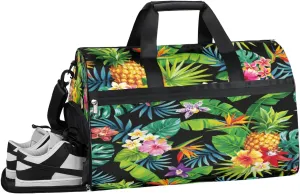 Pineapple Palm Leaves Flower Resistant Sports Gym Bag for Women Men Travel Duffel bag with Wet Pocket & Shoes Compartment Waterproof Weekender Bag 19.7"x9.9"x13"