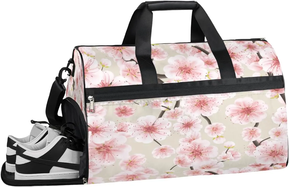 Pink Cherry Flower Resistant Sports Gym Bag for Women Men Travel Duffel bag with Wet Pocket & Shoes Compartment Waterproof Weekender Bag 19.7"x9.9"x13"