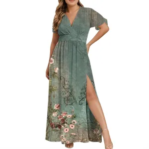 Plus Size Dresses for Curvy Women Wedding Guest Formal Cocktail Maxi V Neck Short Sleeve Split Dress