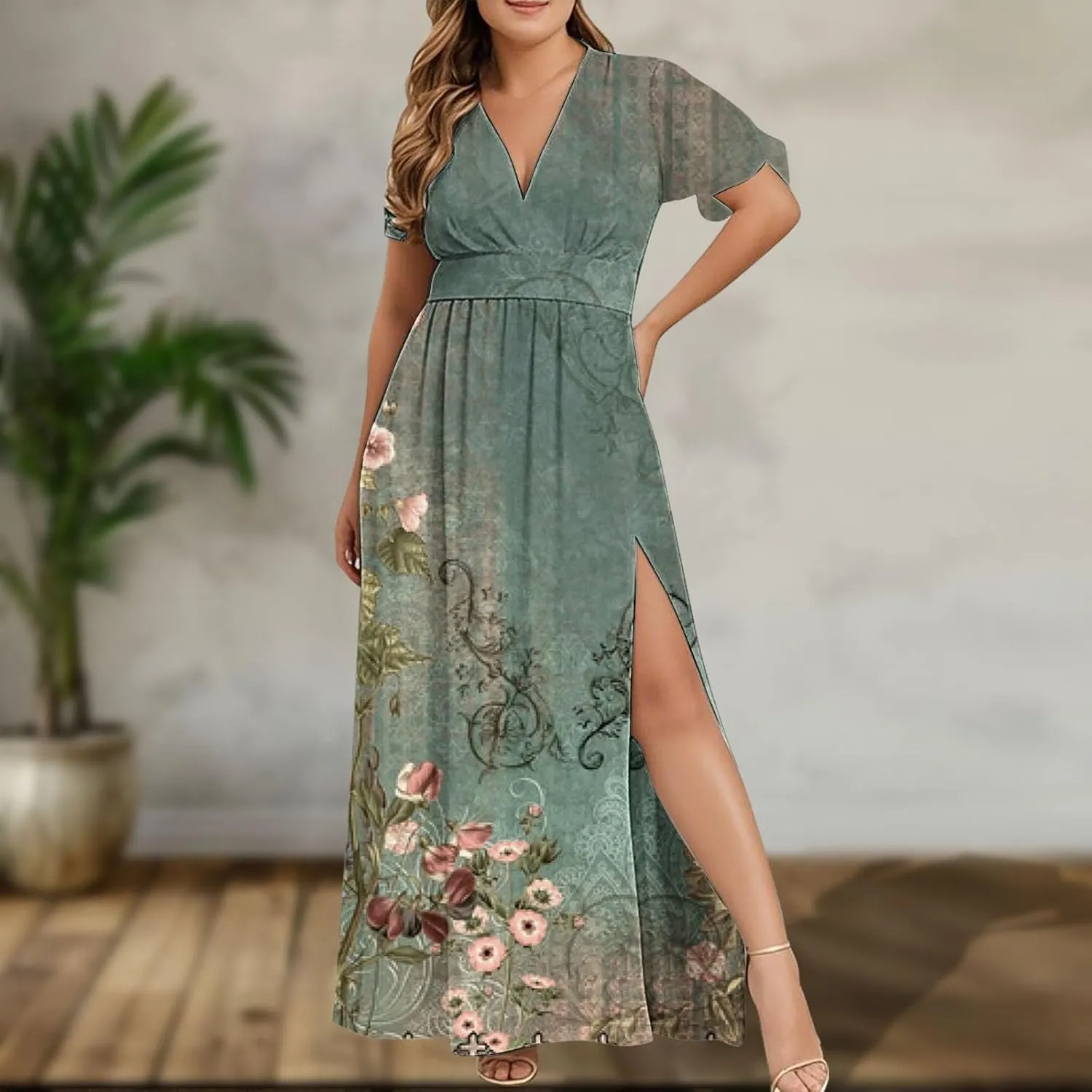 Plus Size Dresses for Curvy Women Wedding Guest Formal Cocktail Maxi V Neck Short Sleeve Split Dress