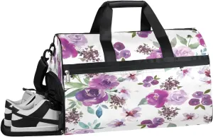 Purple Flowers Leaves Resistant Sports Gym Bag for Women Men Travel Duffel bag with Wet Pocket & Shoes Compartment Waterproof Weekender Bag 19.7"x9.9"x13"