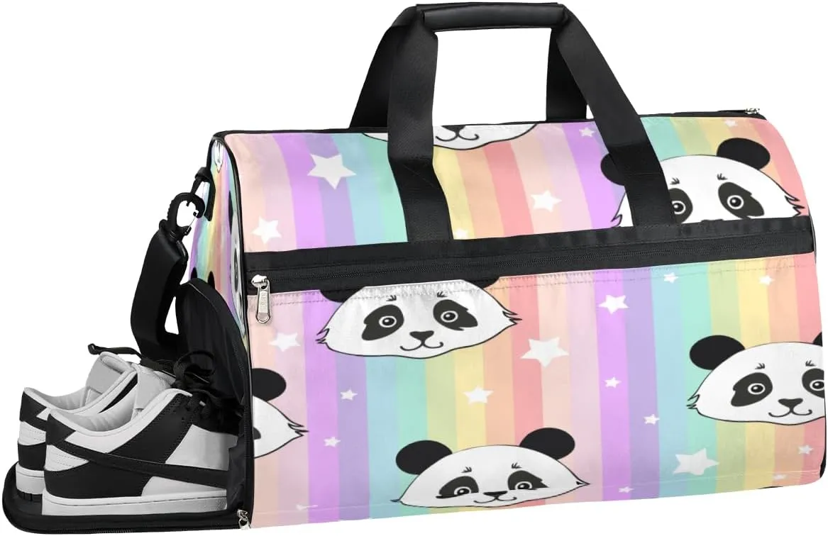 Rainbow Stripe Panda Sports Gym Bag for Women and Men Travel Duffel Bag Overnight Shoulder Bag Waterproof Workout Bag Portable Sports Tote with Shoes Compartment