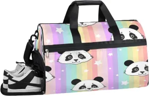 Rainbow Stripe Panda Sports Gym Bag for Women and Men Travel Duffel Bag Overnight Shoulder Bag Waterproof Workout Bag Portable Sports Tote with Shoes Compartment
