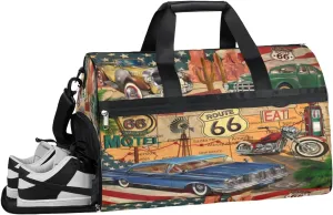 Retro Car Style Sports Gym Bag with Wet Pocket & Shoes Compartment Waterproof Workout Duffel Bag for Women and Men Weekender Overnight Duffle Bag Travel Carry-on Tote