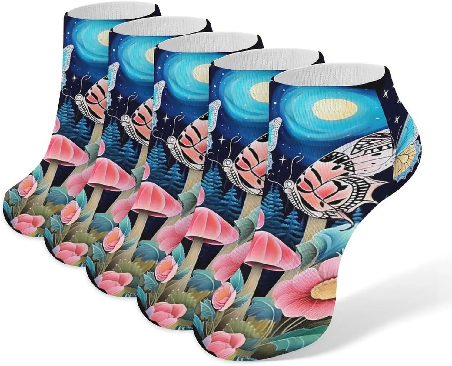 Romantic Mushroom Butterfly Flower 5 Pairs Low Cut Ankle Socks for Men Women Athletic Running Socks No Show Breathable