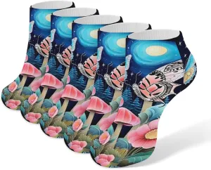 Romantic Mushroom Butterfly Flower 5 Pairs Low Cut Ankle Socks for Men Women Athletic Running Socks No Show Breathable