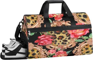 Rose Leopard Sports Gym Bag for Women and Men Travel Duffel Bag Overnight Shoulder Bag Waterproof Workout Bag Portable Sports Tote with Shoes Compartment