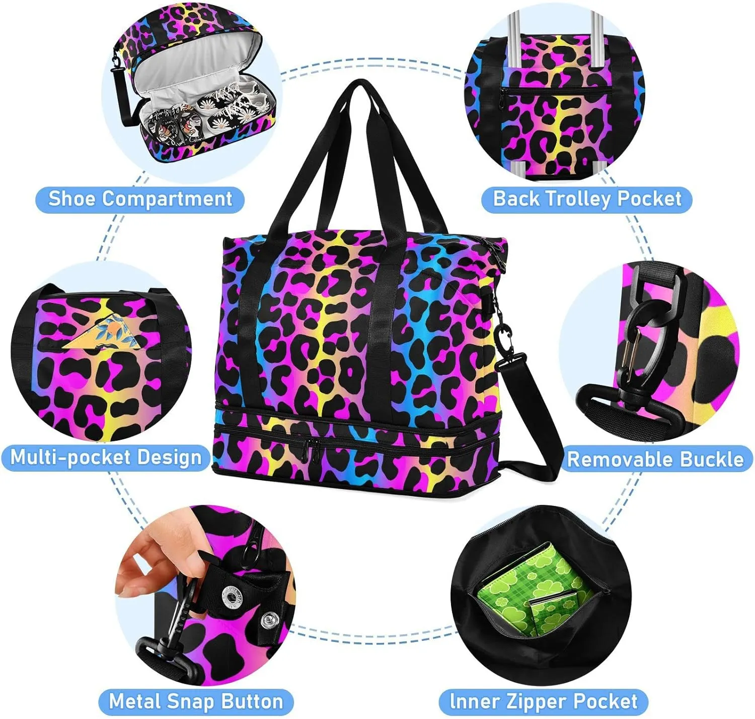 senya Weekender Bag for Women, Leopard Print Cheetah Neon Gradient Gym Sports Duffle Travel Tote with Toiletry Shoes Compartment Dry/Wet Separation Swim Bag