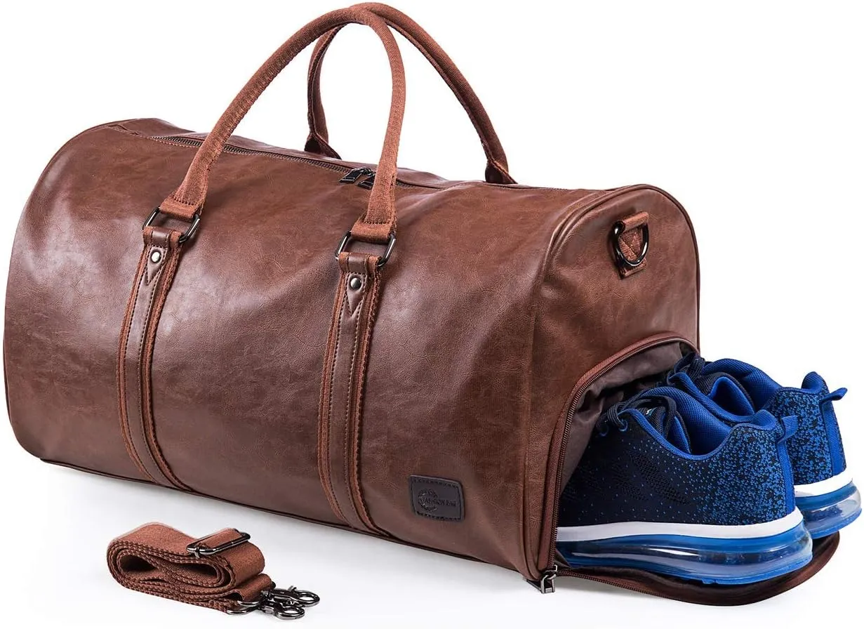 seyfocnia Leather Travel Bag with Shoe Pouch Waterproof Weekender Overnight Bag, Large Carry On Duffel Bag for Men Women-Brown