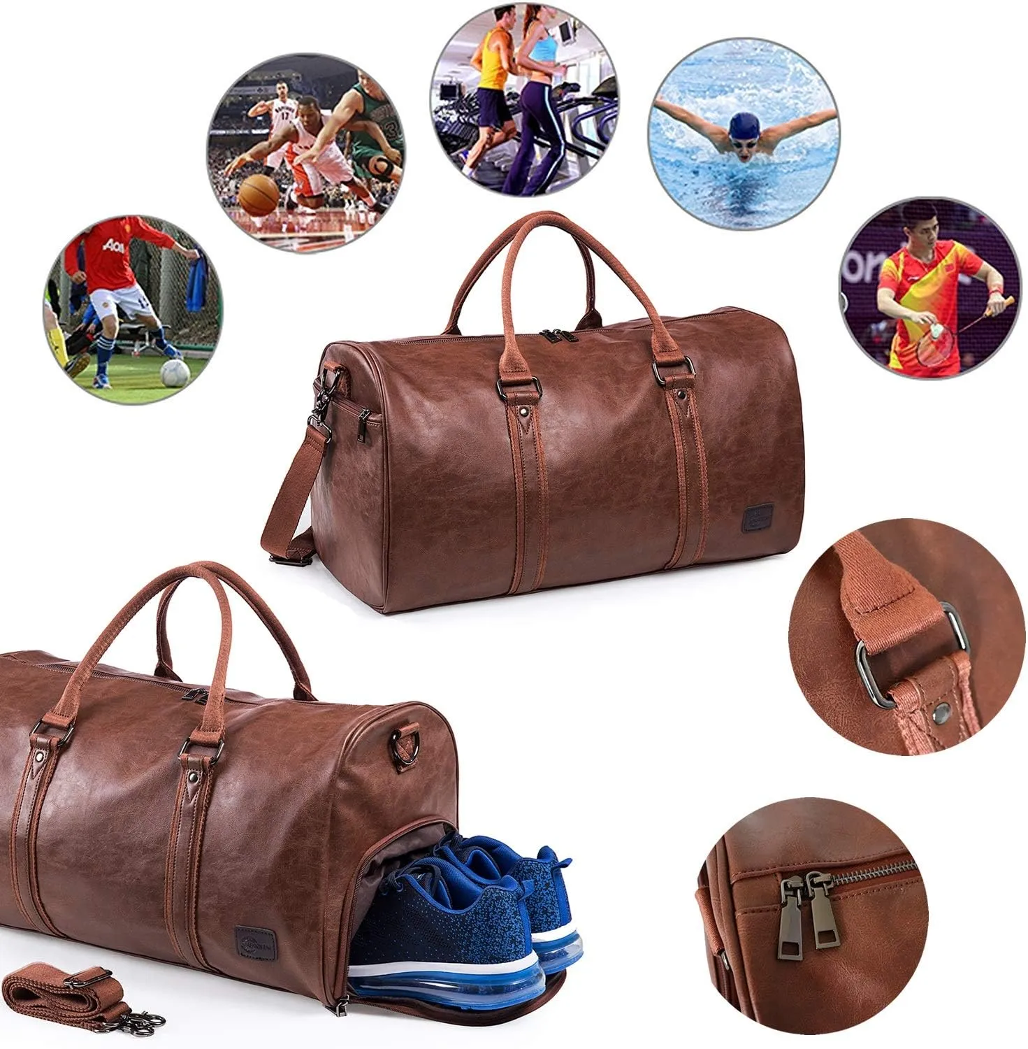 seyfocnia Leather Travel Bag with Shoe Pouch Waterproof Weekender Overnight Bag, Large Carry On Duffel Bag for Men Women-Brown