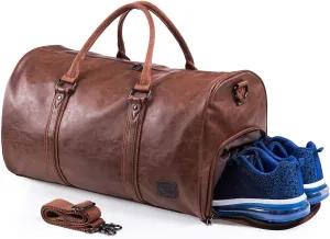 seyfocnia Leather Travel Bag with Shoe Pouch Waterproof Weekender Overnight Bag, Large Carry On Duffel Bag for Men Women-Brown