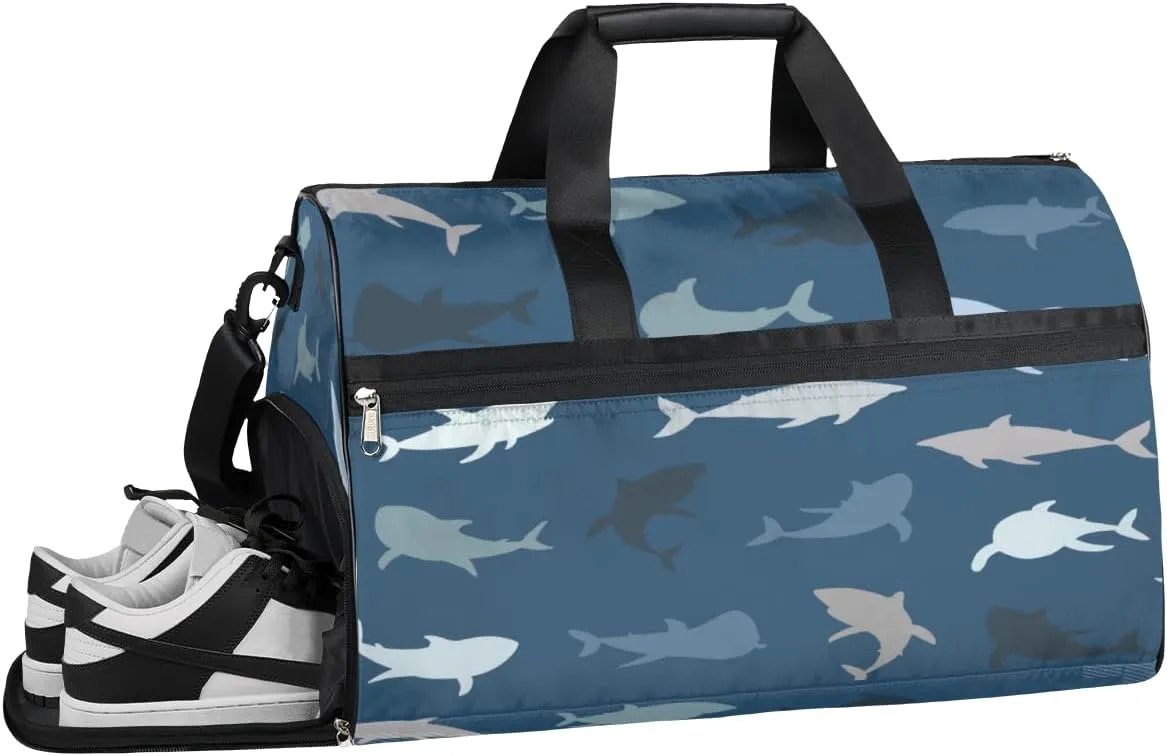 Shark Print Sports Gym Bag with Wet Pocket & Shoes Compartment Waterproof Workout Duffel Bag for Women and Men Weekender Overnight Duffle Bag Travel Carry-on Tote