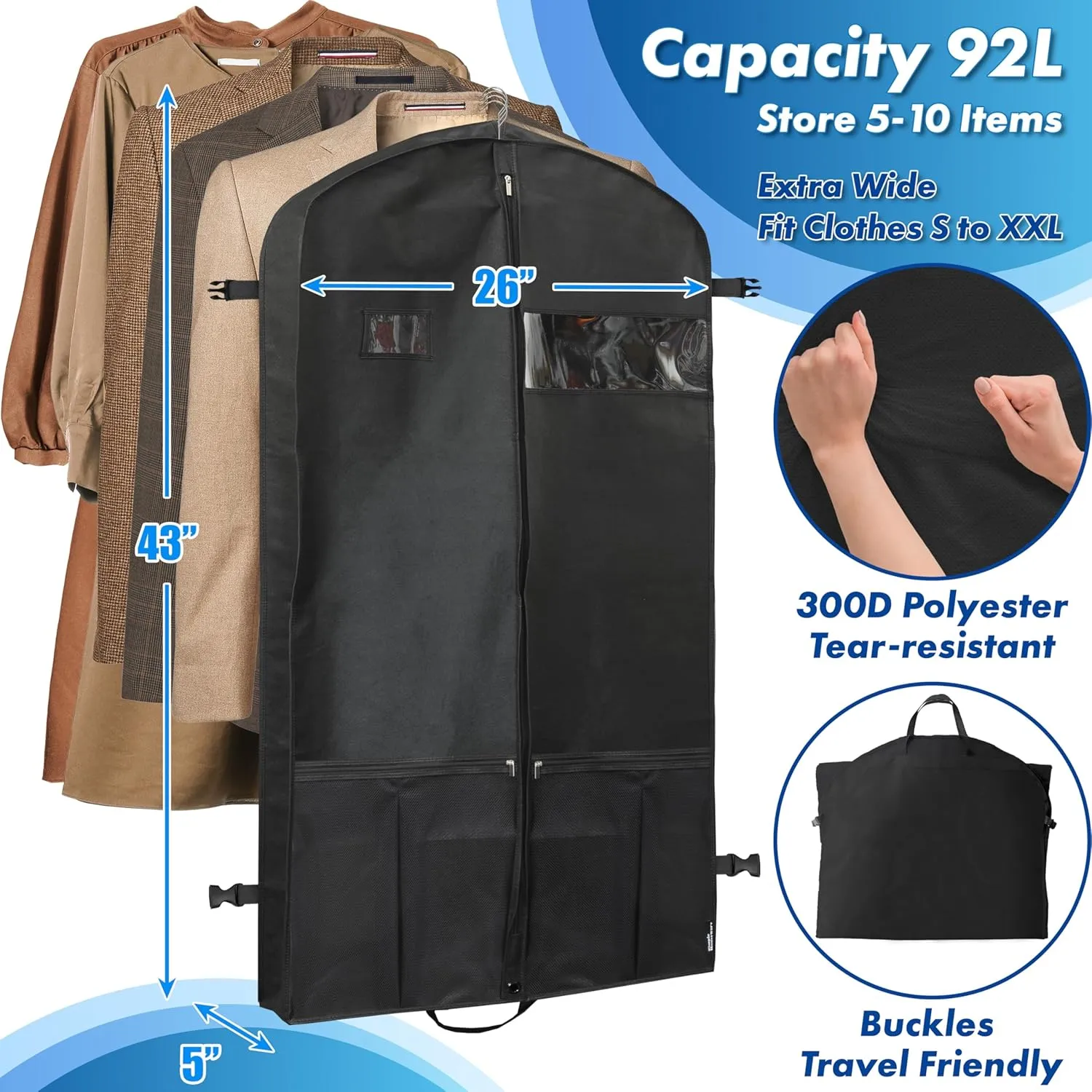 Simple Houseware 43-Inch Heavy Duty Garment Bag w/Pocket for Dresses, Coats
