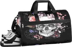 Skeleton Flower Sports Gym Bag with Wet Pocket & Shoes Compartment Waterproof Workout Duffel Bag for Women and Men Weekender Overnight Duffle Bag Travel Carry-on Tote