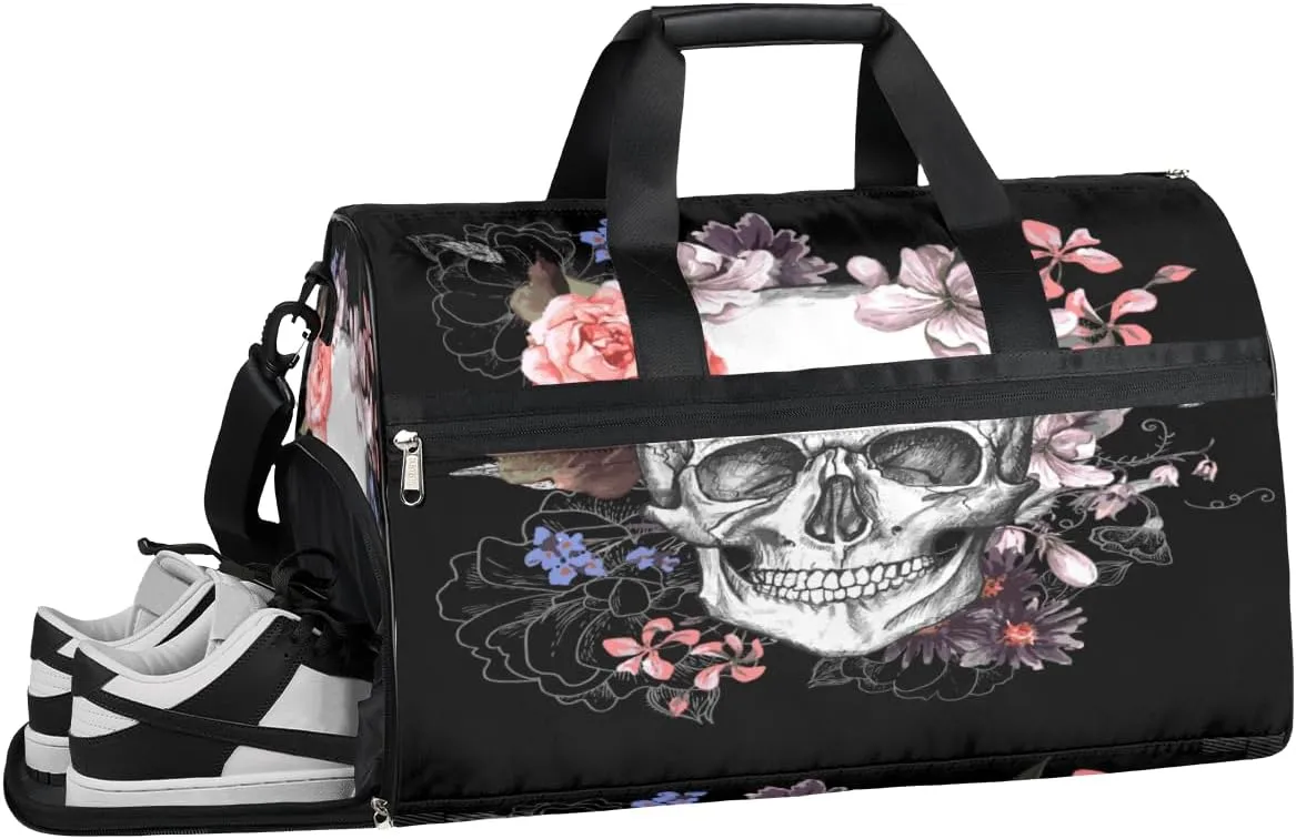 Skeleton Flower Sports Gym Bag with Wet Pocket & Shoes Compartment Waterproof Workout Duffel Bag for Women and Men Weekender Overnight Duffle Bag Travel Carry-on Tote