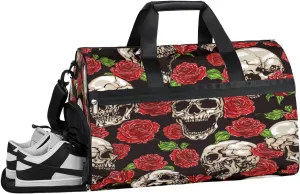 Skull And Red Roses Sports Gym Bag with Wet Pocket & Shoes Compartment Waterproof Workout Duffel Bag for Women and Men Weekender Overnight Duffle Bag Travel Carry-on Tote