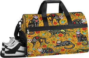 Skull Cat Flowers Resistant Sports Gym Bag for Women Men Travel Duffel bag with Wet Pocket & Shoes Compartment Waterproof Weekender Bag 19.7"x9.9"x13"