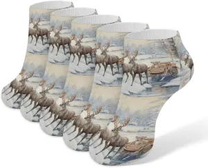 Snowy Day Sleds Deer 5 Pairs Low Cut Ankle Socks for Men Women Athletic Running Socks No Show Breathable