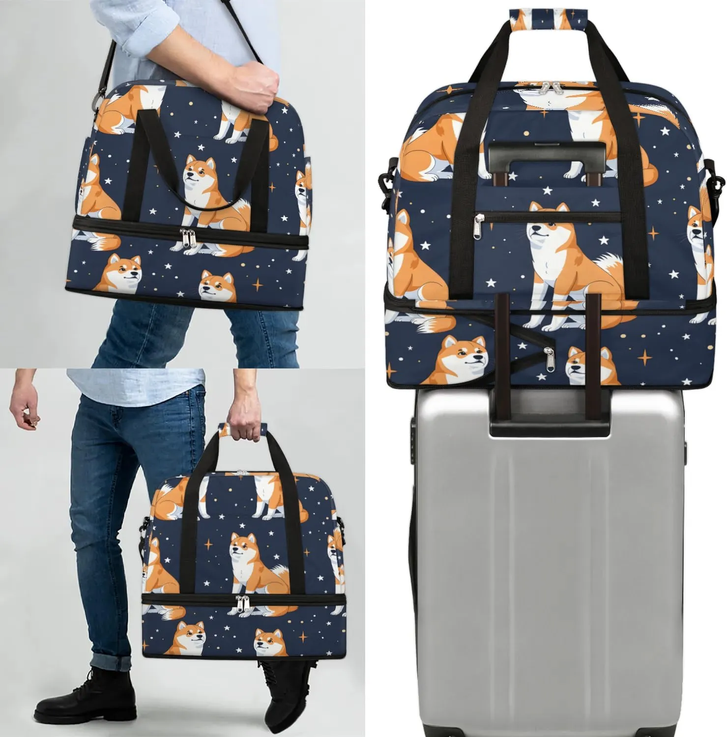Sports Duffel Bag, Foldable Cute Corgi Travel Duffel Bag, Gym Yoga Beach Bag Weekender Overnight Bag with Shoes Compartment for Men Women, Corgi Dogs