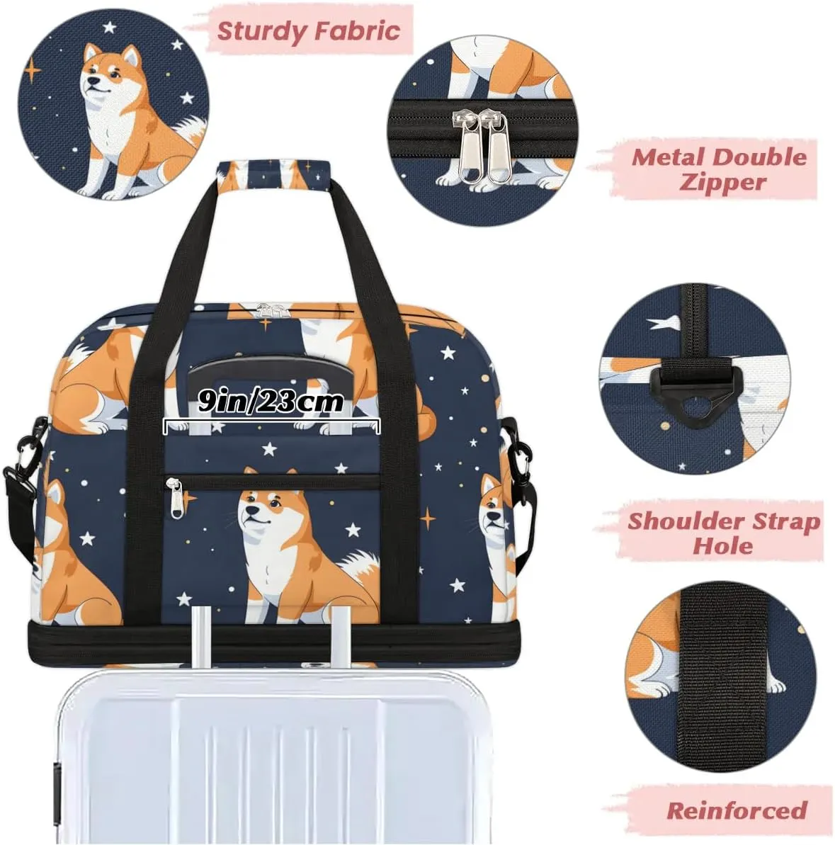 Sports Duffel Bag, Foldable Cute Corgi Travel Duffel Bag, Gym Yoga Beach Bag Weekender Overnight Bag with Shoes Compartment for Men Women, Corgi Dogs