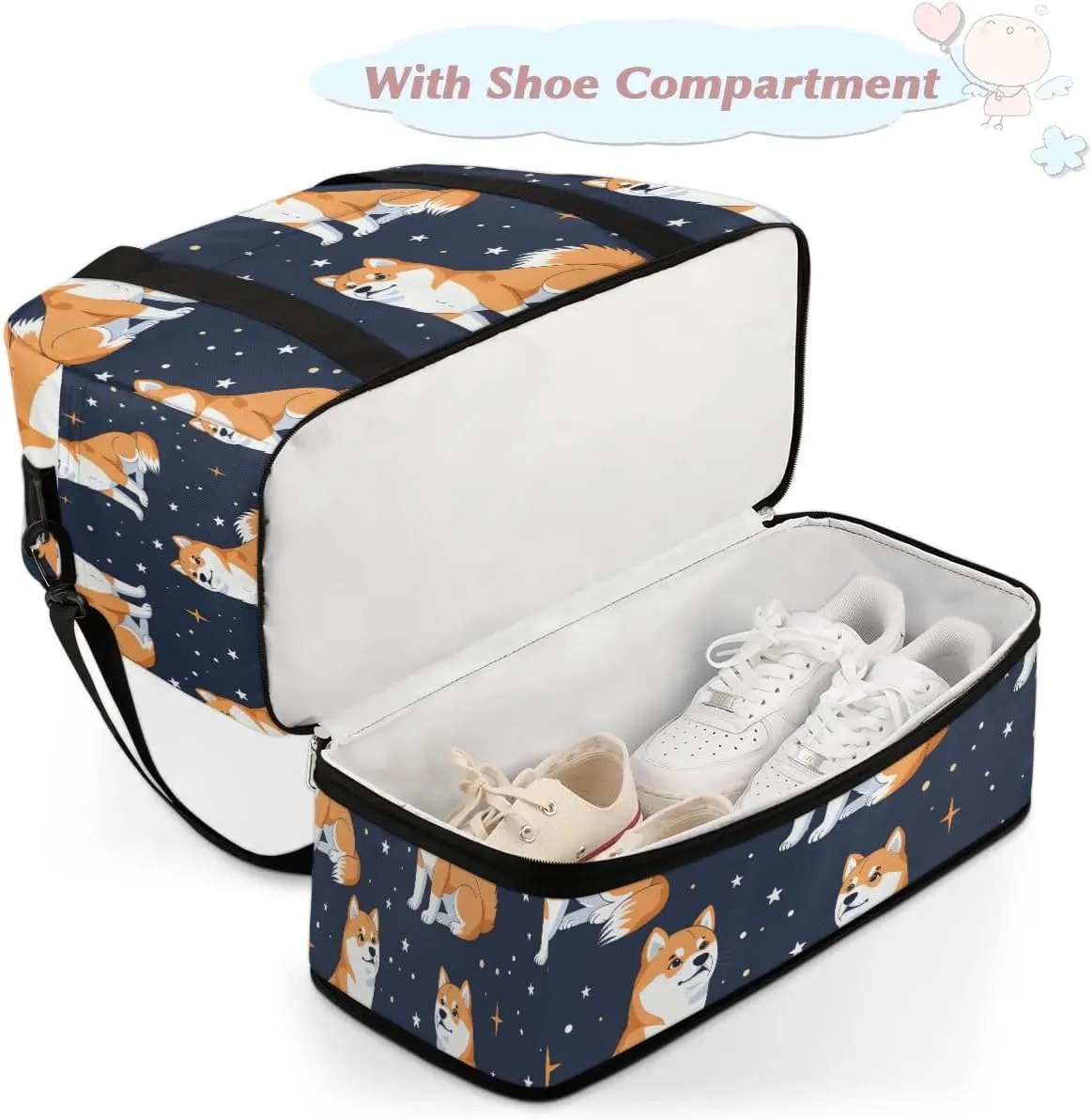 Sports Duffel Bag, Foldable Cute Corgi Travel Duffel Bag, Gym Yoga Beach Bag Weekender Overnight Bag with Shoes Compartment for Men Women, Corgi Dogs