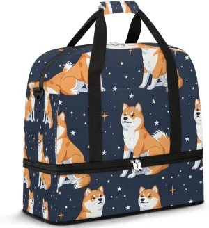 Sports Duffel Bag, Foldable Cute Corgi Travel Duffel Bag, Gym Yoga Beach Bag Weekender Overnight Bag with Shoes Compartment for Men Women, Corgi Dogs