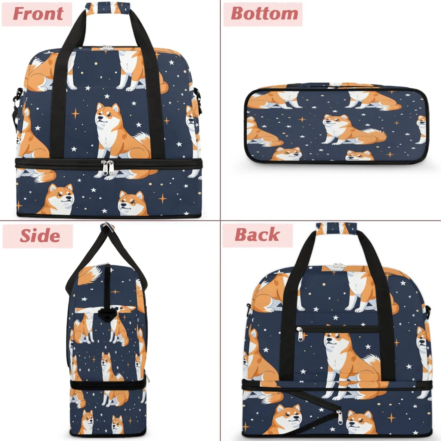 Sports Duffel Bag, Foldable Cute Corgi Travel Duffel Bag, Gym Yoga Beach Bag Weekender Overnight Bag with Shoes Compartment for Men Women, Corgi Dogs