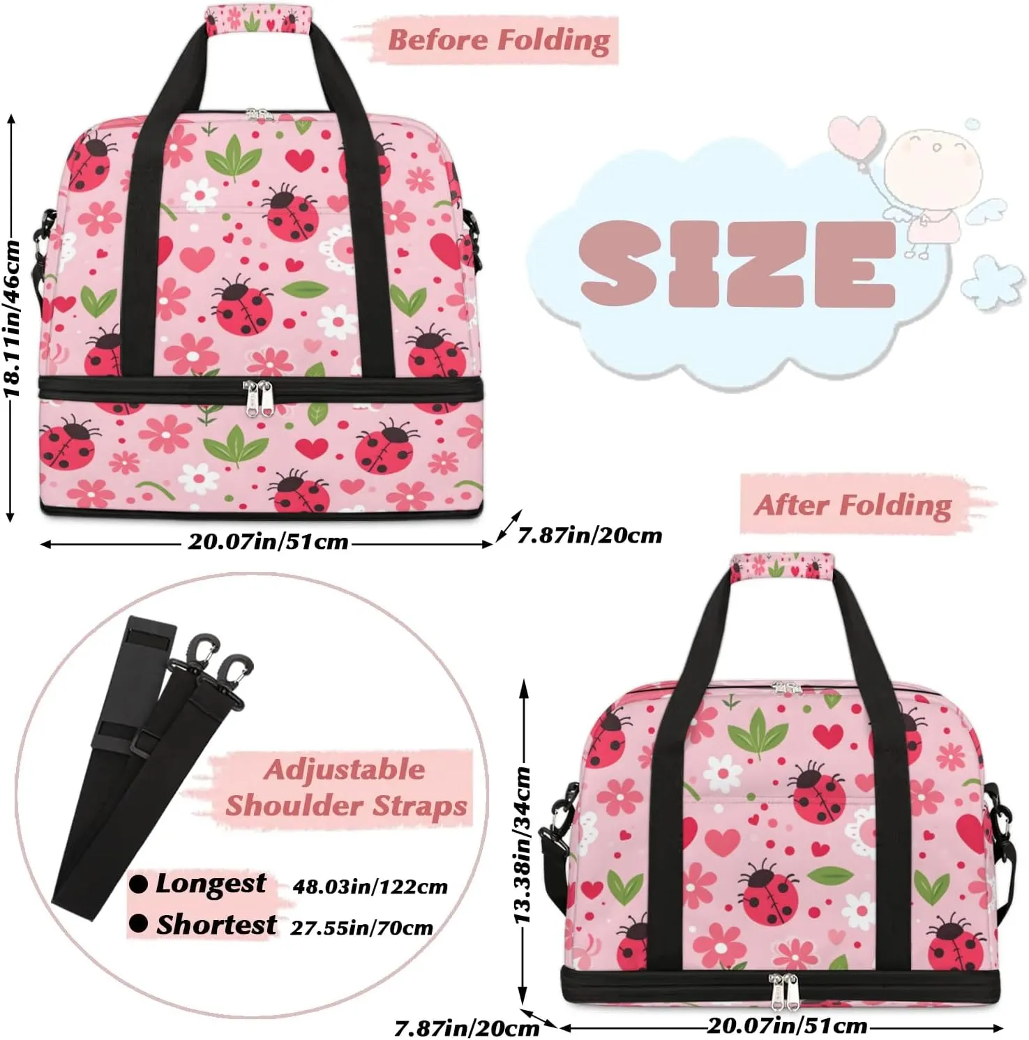 Sports Duffel Bag, Foldable Daisy and Ladybugs Travel Duffel Bag, Gym Yoga Beach Bag Weekender Overnight Bag with Shoes Compartment for Men Women, Daisy Flowers