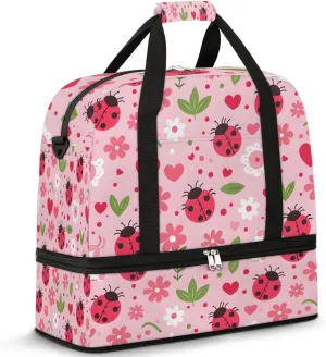 Sports Duffel Bag, Foldable Daisy and Ladybugs Travel Duffel Bag, Gym Yoga Beach Bag Weekender Overnight Bag with Shoes Compartment for Men Women, Daisy Flowers