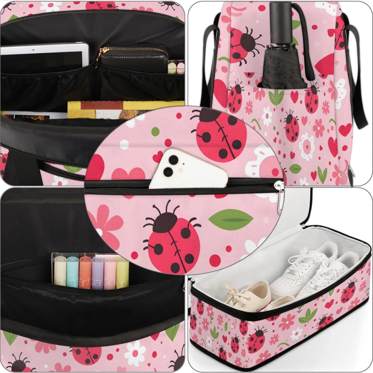 Sports Duffel Bag, Foldable Daisy and Ladybugs Travel Duffel Bag, Gym Yoga Beach Bag Weekender Overnight Bag with Shoes Compartment for Men Women, Daisy Flowers