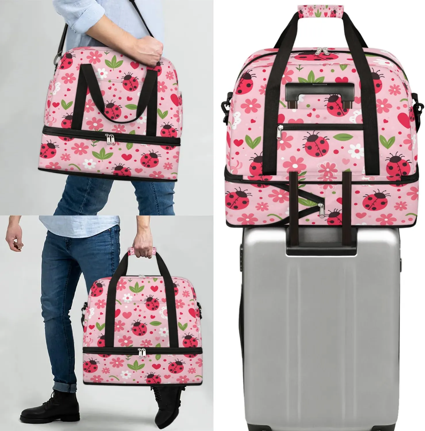 Sports Duffel Bag, Foldable Daisy and Ladybugs Travel Duffel Bag, Gym Yoga Beach Bag Weekender Overnight Bag with Shoes Compartment for Men Women, Daisy Flowers