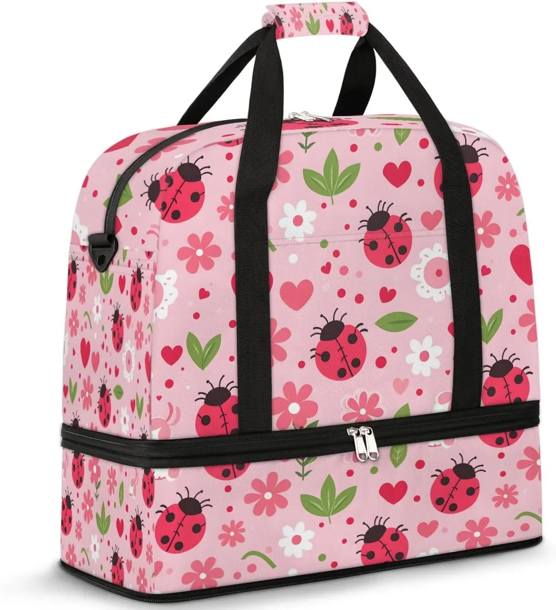 Sports Duffel Bag, Foldable Daisy and Ladybugs Travel Duffel Bag, Gym Yoga Beach Bag Weekender Overnight Bag with Shoes Compartment for Men Women, Daisy Flowers