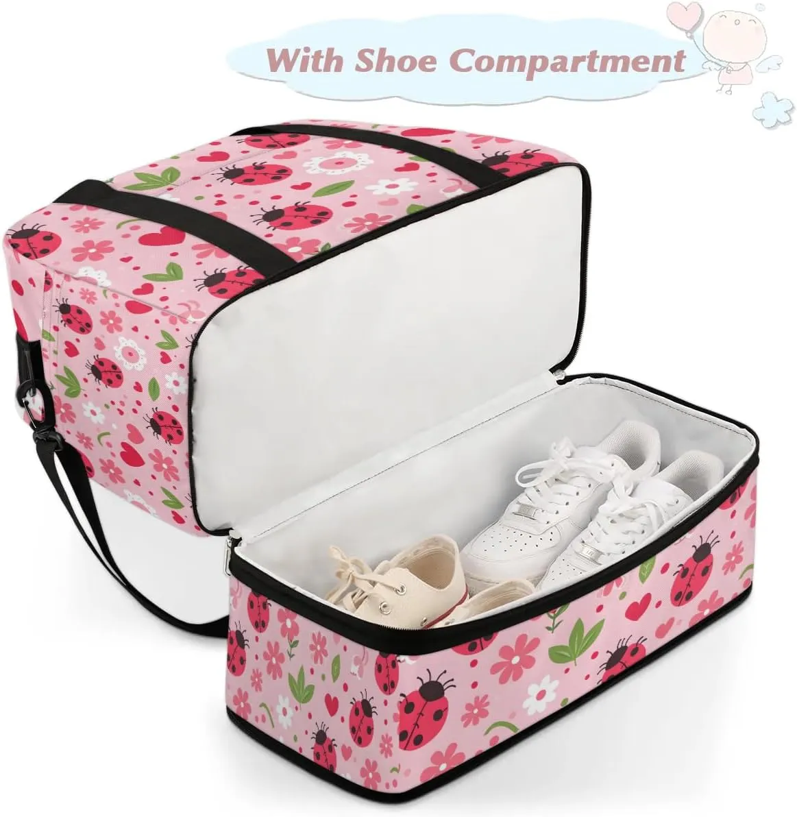Sports Duffel Bag, Foldable Daisy and Ladybugs Travel Duffel Bag, Gym Yoga Beach Bag Weekender Overnight Bag with Shoes Compartment for Men Women, Daisy Flowers