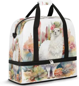 Sports Duffel Bag, Foldable Llama Alpaca Travel Duffel Bag, Gym Yoga Beach Bag Weekender Overnight Bag with Shoes Compartment for Men Women, Cactus Llama
