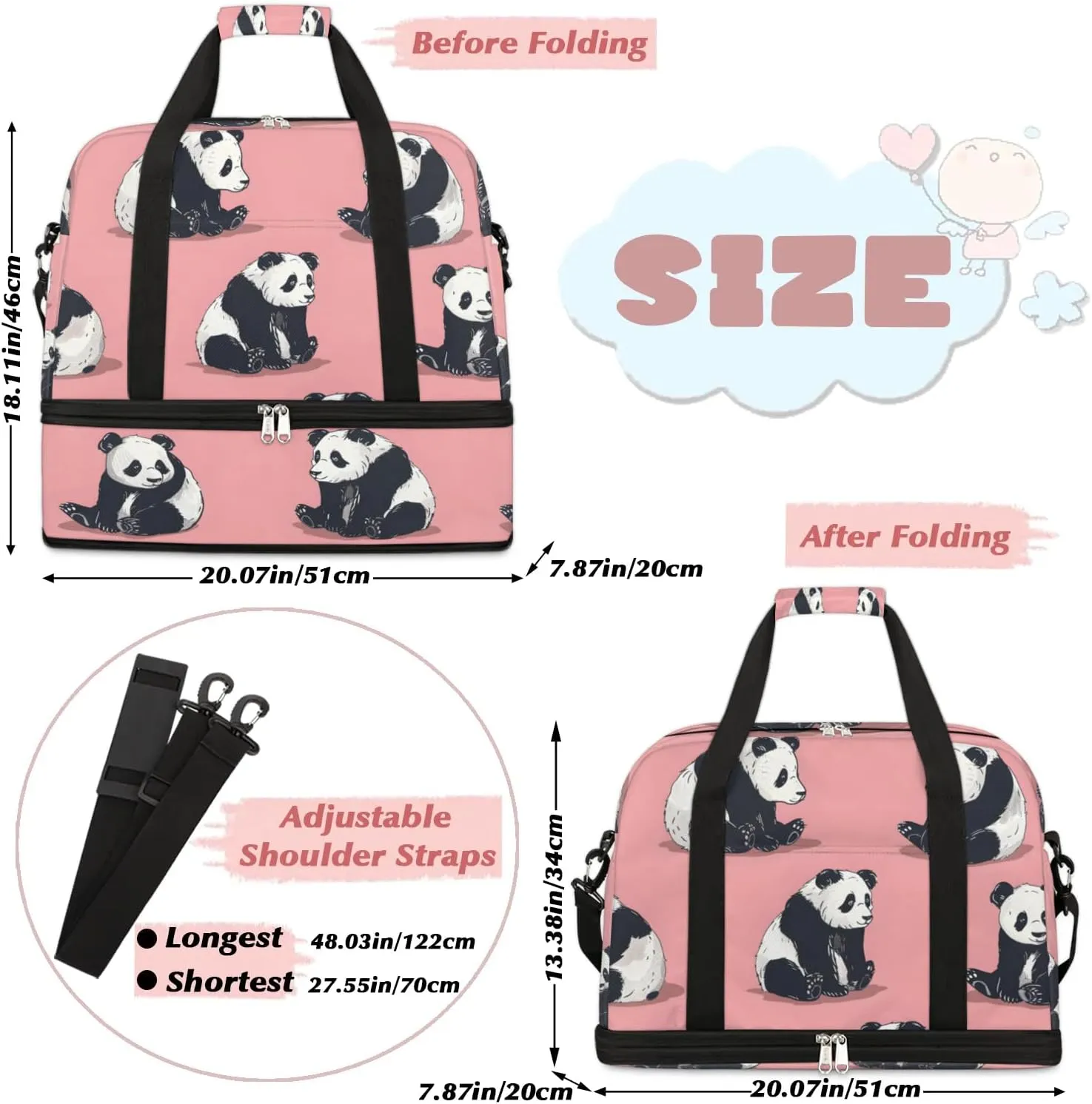 Sports Duffel Bag, Foldable Precious Pandas Travel Duffel Bag, Gym Yoga Beach Bag Weekender Overnight Bag with Shoes Compartment for Men Women, Cute Panda