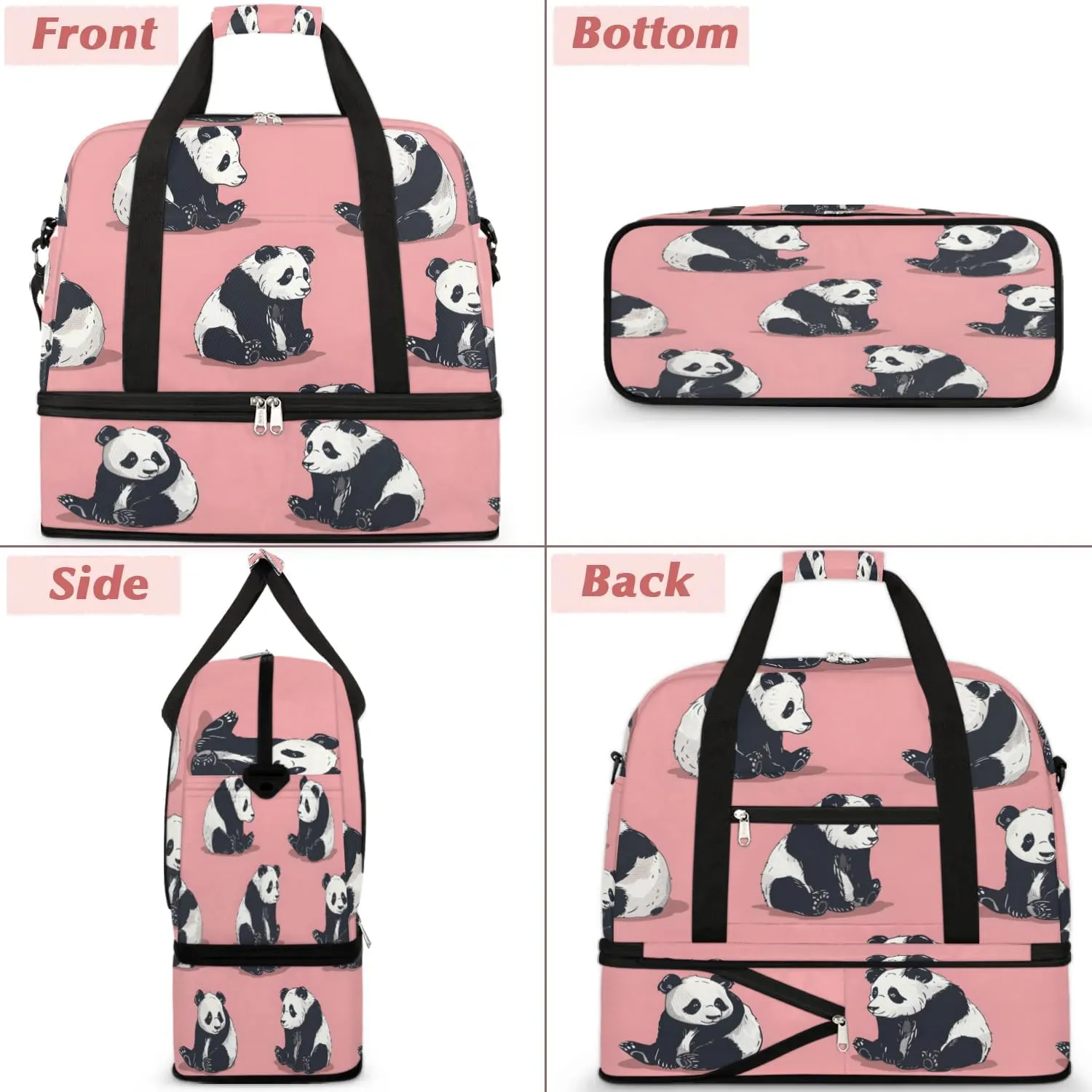 Sports Duffel Bag, Foldable Precious Pandas Travel Duffel Bag, Gym Yoga Beach Bag Weekender Overnight Bag with Shoes Compartment for Men Women, Cute Panda