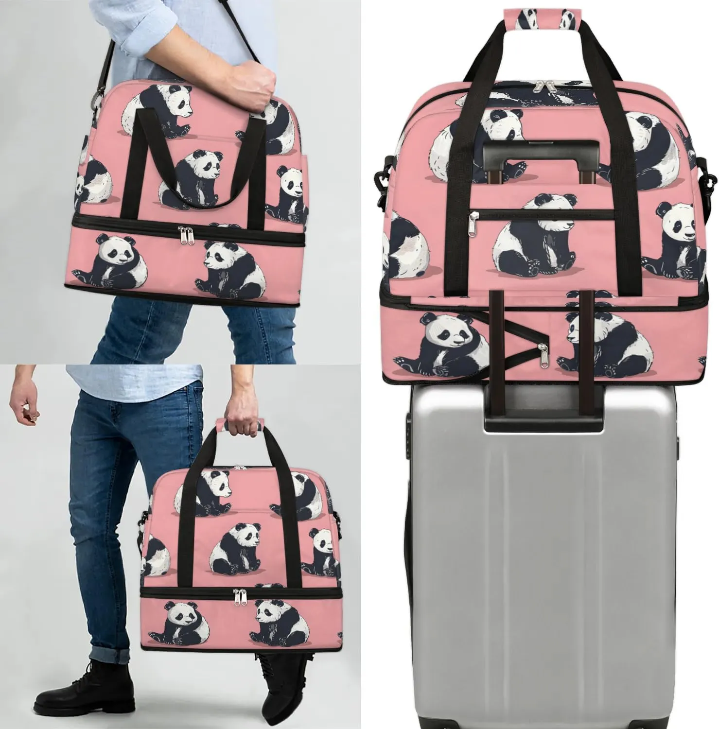 Sports Duffel Bag, Foldable Precious Pandas Travel Duffel Bag, Gym Yoga Beach Bag Weekender Overnight Bag with Shoes Compartment for Men Women, Cute Panda