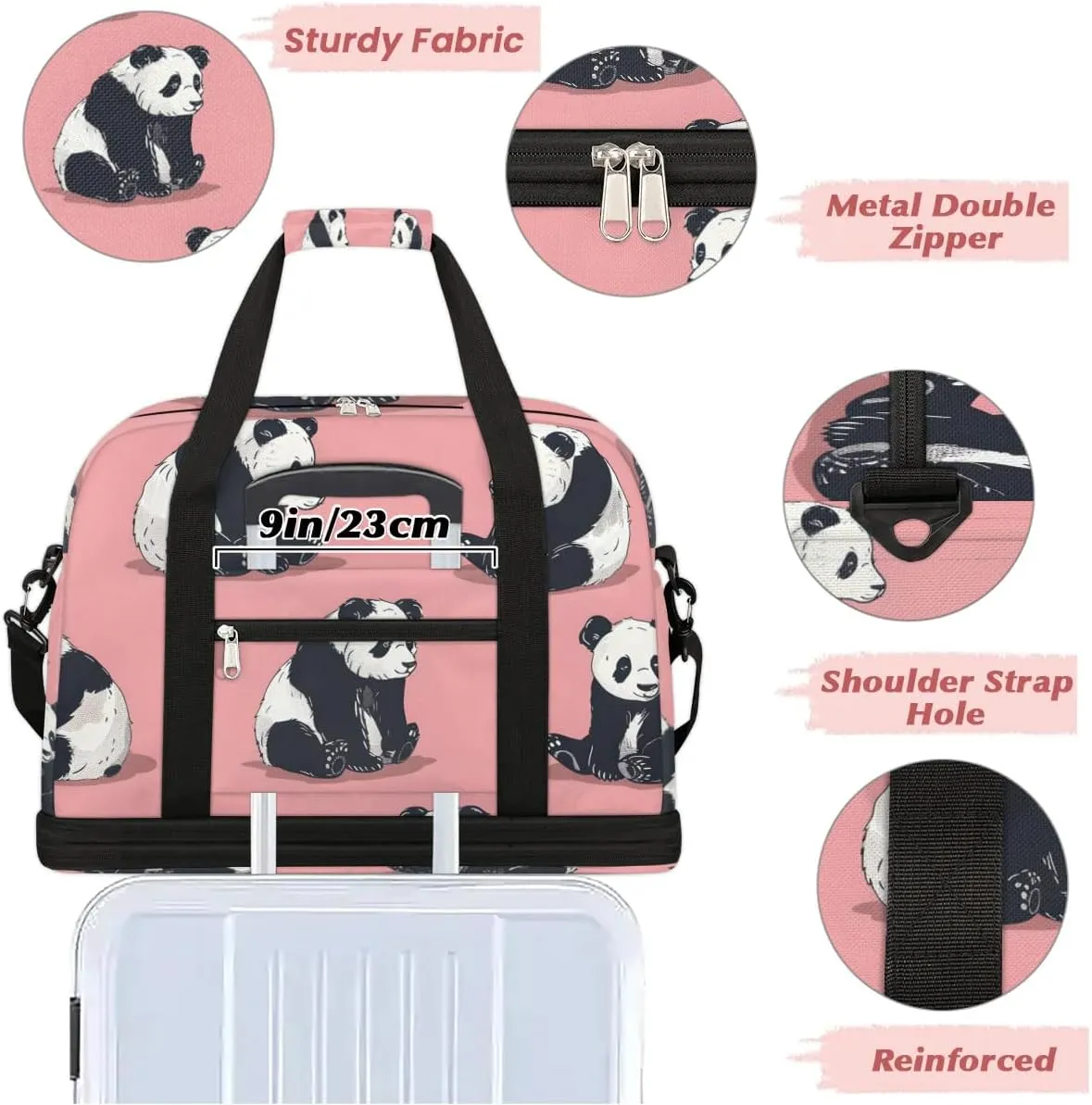 Sports Duffel Bag, Foldable Precious Pandas Travel Duffel Bag, Gym Yoga Beach Bag Weekender Overnight Bag with Shoes Compartment for Men Women, Cute Panda