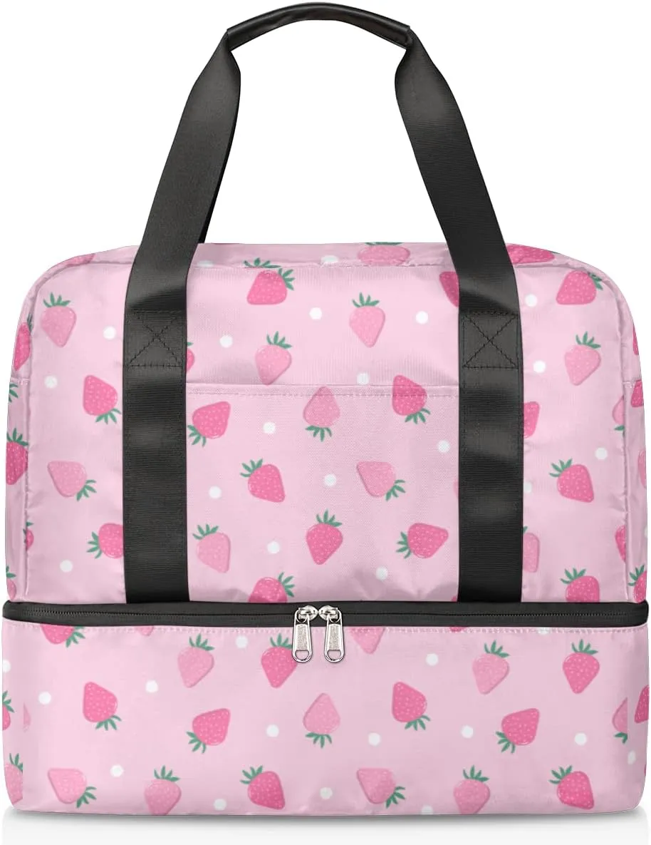Sports Gym Bag Travel Duffel Bag Waterproof Lightweight Swim Bag Travel Tote Luggage Weekender Overnight Handbag Workout Bag with Shoes Compartment for Women Men, Pink Strawberry
