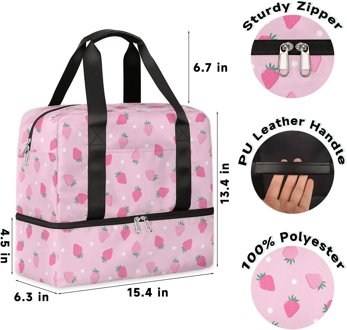 Sports Gym Bag Travel Duffel Bag Waterproof Lightweight Swim Bag Travel Tote Luggage Weekender Overnight Handbag Workout Bag with Shoes Compartment for Women Men, Pink Strawberry
