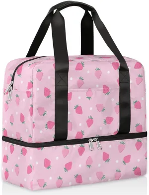 Sports Gym Bag Travel Duffel Bag Waterproof Lightweight Swim Bag Travel Tote Luggage Weekender Overnight Handbag Workout Bag with Shoes Compartment for Women Men, Pink Strawberry