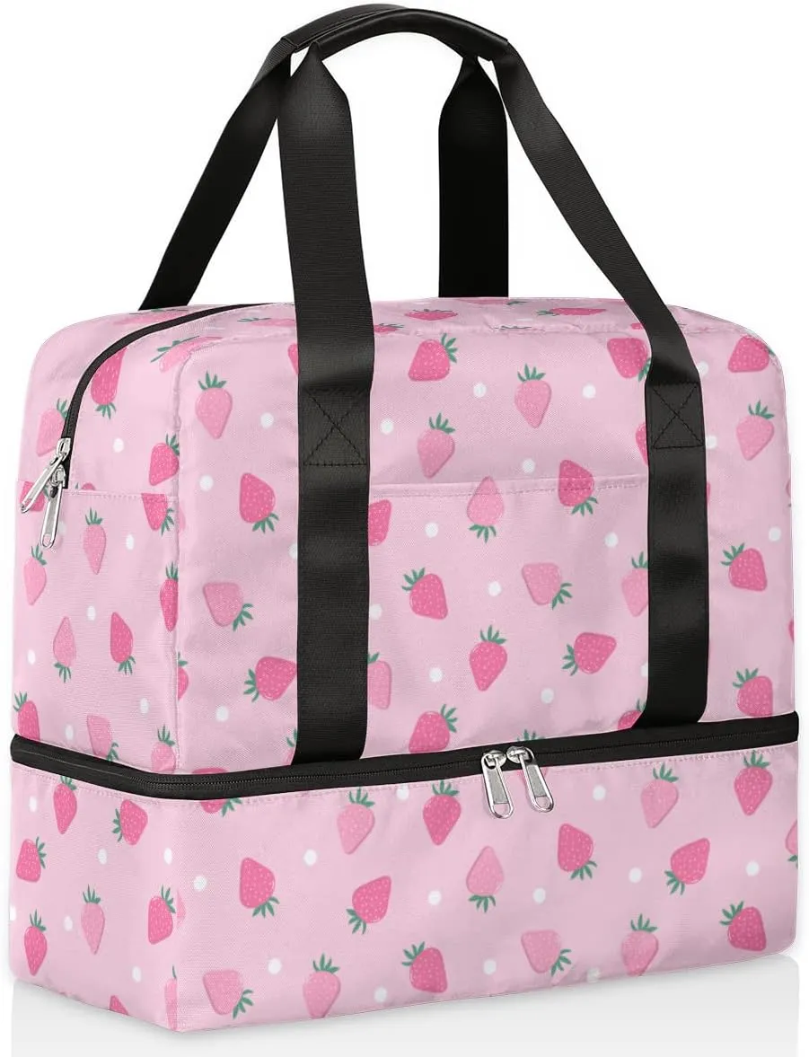 Sports Gym Bag Travel Duffel Bag Waterproof Lightweight Swim Bag Travel Tote Luggage Weekender Overnight Handbag Workout Bag with Shoes Compartment for Women Men, Pink Strawberry