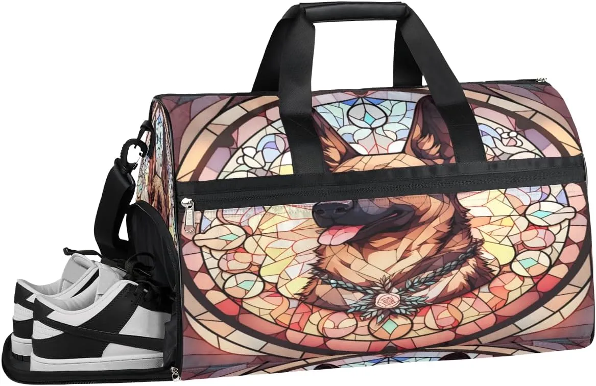 Sports Gym Bag Women Men with Wet Pocket & Shoes Compartment, Dogstained Glass Window Travel Duffel Bag, Workout Dance Bag Tote Bags, Carry On Weekender