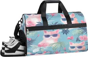 Sports Gym Bag Women Men with Wet Pocket & Shoes Compartment, Palm Cat Glass Travel Duffel Bag, Workout Dance Bag Tote Bags, Carry On Weekender