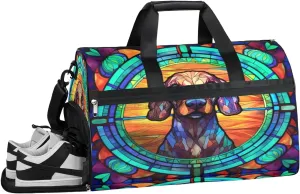 Sports Gym Bag Women Men with Wet Pocket & Shoes Compartment, Stained Glass Dog Travel Duffel Bag, Workout Dance Bag Tote Bags, Carry On Weekender