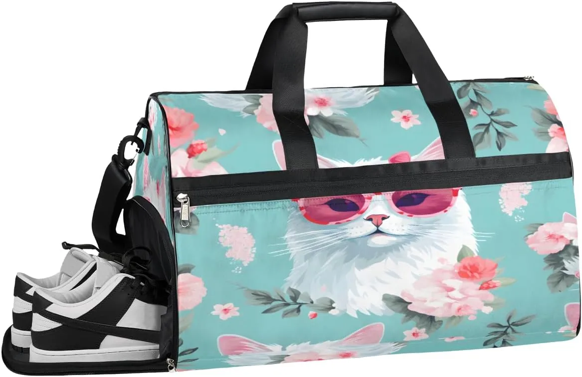 Sports Gym Bag Women Men with Wet Pocket & Shoes Compartment, White Cat Pink Glass Travel Duffel Bag, Workout Dance Bag Tote Bags, Carry On Weekender